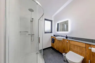 a bathroom with a shower and a toilet and a sink at 1 Bed in Llanerfyl oc-d30168 in Llanfair Caereinion