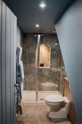 a bathroom with a shower with a toilet and a tub at The Hornbill at Home Farm Shropshire in Shrewsbury