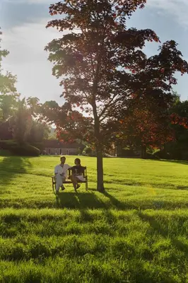 two people sitting on a park bench under a tree at The Hornbill at Home Farm Shropshire in Shrewsbury