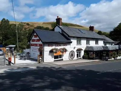a red lion inn on the corner of a street at Llew Coch B&B formerly The Red Lion inn in Llanfihangel-nant-Melan