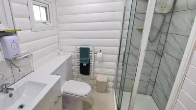 a white bathroom with a shower and a toilet at Cosy log cabin in Snowdonia 167 in Trawsfynydd