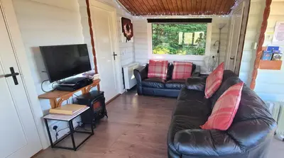 a living room with a couch and a television at Cosy log cabin in Snowdonia 167 in Trawsfynydd