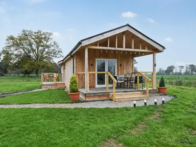 a wooden cabin in a field with grass at Llwynog Lodge in Montgomery
