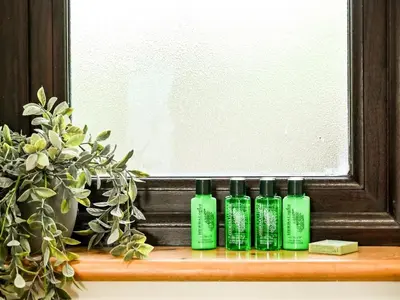 a group of green bottles sitting on a shelf in front of a mirror at 2 Bed in Llandrindod Wells oc-88203 in Llandegley