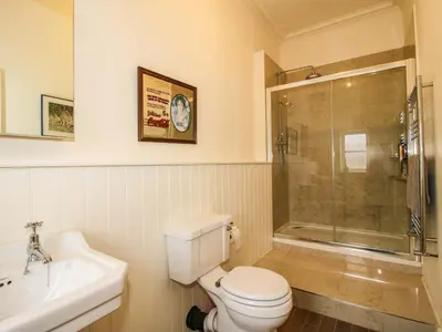 a bathroom with a toilet and a shower and a sink at Caynham Court in Ludlow