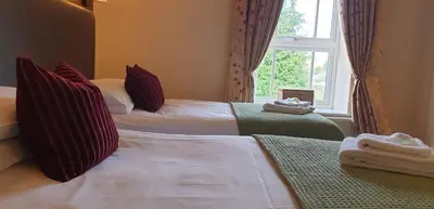 two beds in a hotel room with a window at Usk And Railway Inn in Sennybridge