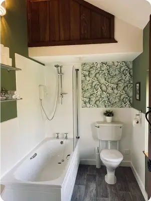 a bathroom with a toilet and a tub and a sink at The Coach House in Berriew