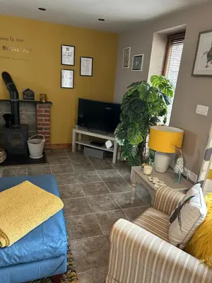 a living room with a couch and a tv at Cosy riverside property in Aber-Brân