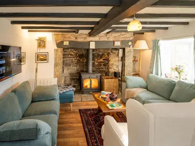 a living room with blue couches and a fireplace at Cosy cottage hideaway set in beautiful countryside - Pass the Keys in Hopesay