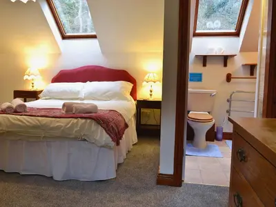 a bedroom with a bed and a bathroom with a toilet at Erw Goed Hen Feudy in Arthog