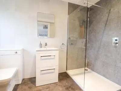 a bathroom with a shower and a sink and a toilet at Aelfor in Harlech
