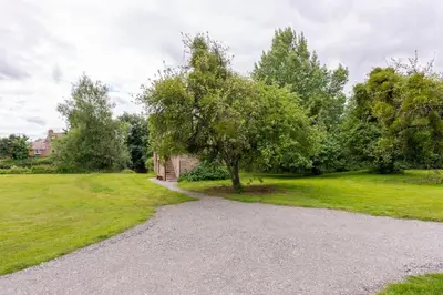 a gravel driveway with a tree in a field at Ashford Bridge Barn in Ludlow