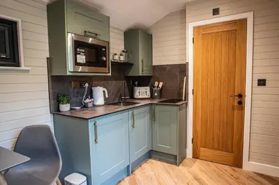 a kitchen with green cabinets and a wooden door at Newydd Lodge with private hot tub in Llangollen