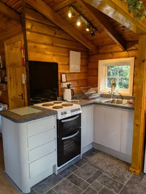 a kitchen with a stove and a sink in a cabin at Thistledonia in Trawsfynydd