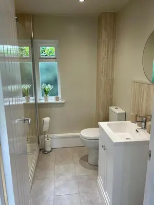 a bathroom with a toilet and a sink and a shower at Dog & Family Friendly Private Cottage in Orleton in Orleton