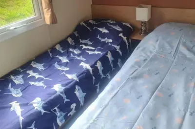 a bed with a blue comforter with horses on it at 3 Bed Caravan - Sleeps 6 - Pets - Parking - Wifi in Borth