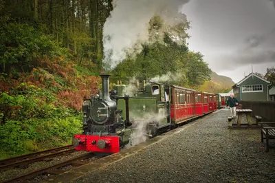 a steam engine train traveling down the tracks at Cysgod Idris Cottage in Dolgellau