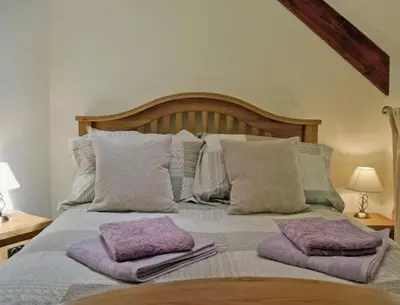 a bed with two purple pillows on top of it at Awel Yr Mynydd in Ystrad Meurig
