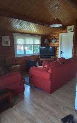 a living room with a red couch and a tv at Hamishs log cabin in Trawsfynydd