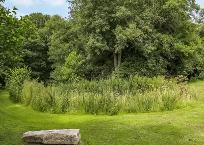 a rock sitting on the grass in a field at Acksea Lodges in Oswestry