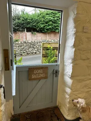 a dog is standing in front of a garage door at Little Cottage, Llwyngwril in Llwyngwril