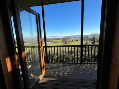 a view from the front door of a house at Red Kite Lodge in Clyro
