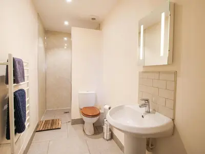 a white bathroom with a toilet and a sink at Millstone Cottages - Granary Cottage in Shrewsbury