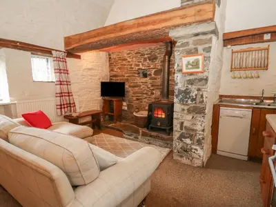 a living room with a couch and a fireplace at Ty Tarw in Llanybydder