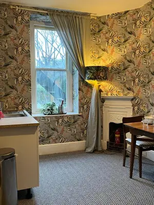 a living room with a fireplace and a window at Large Corris apartment with kitchen & lounge and adjoining bathroom in Dolgellau