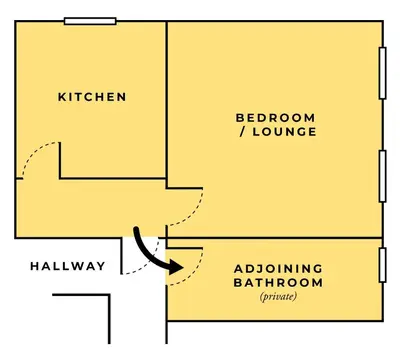 a floor plan of a bathroom with yellow at Large Corris apartment with kitchen & lounge and adjoining bathroom in Dolgellau