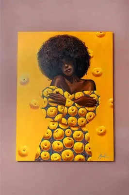 a painting of a black woman on a yellow wall at Old Chapel Llanfrynach in Brecon
