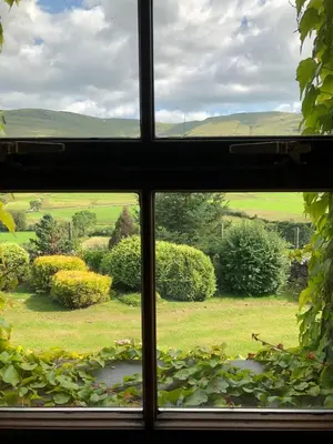 a view from a window of a field of grass at Detached cottage in the hills near Dolgellau in Cross Foxes