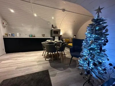 a blue christmas tree in a living room with a table at The Pod at Gerycoed in Llangadog