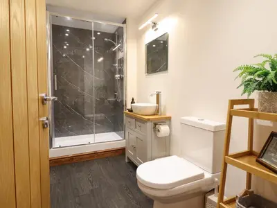 a bathroom with a shower and a toilet and a sink at Gaerau Bach in Llanbedr