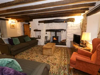 a living room with a couch and a fireplace at Glandwr Cottage in Llanbedr