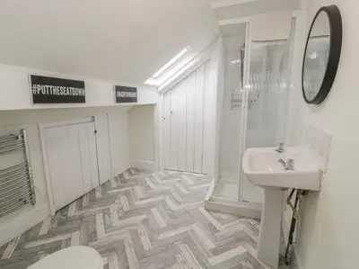 a white bathroom with a sink and a shower at Sandpiper Apartment in Barmouth