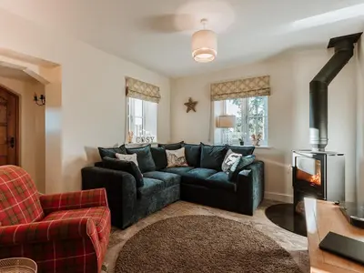 a living room with a couch and a fireplace at Copper Beech Cottage in Welshpool