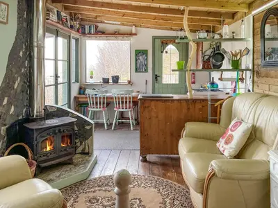 a living room with a fireplace and a kitchen at The Cabin In The Woods - Uk49023 in Pencarreg