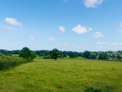 a field of green grass with trees in the distance at The Cottage in Weobley
