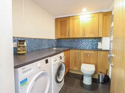 a laundry room with a washer and a toilet at Clywedog Cottage in Dolgellau
