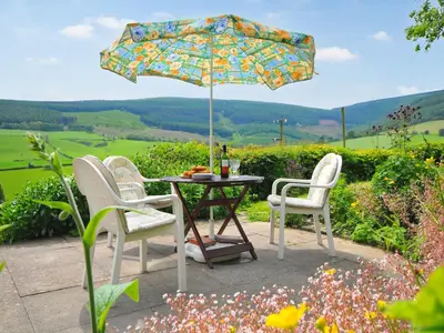 a table with three chairs and an umbrella at Forest Cottage in Discoed