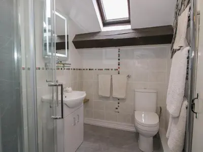 a bathroom with a toilet and a sink and a window at The Millers Roost at Dudgeley Mill in Church Stretton