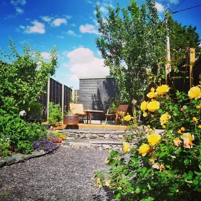 a garden with yellow flowers and a patio at Relaxing Coastal Retreat for 2 Hot Tub Log Fire in Tywyn