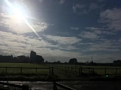 a field with a fence and the sun in the sky at The Sitting Duck in Greet