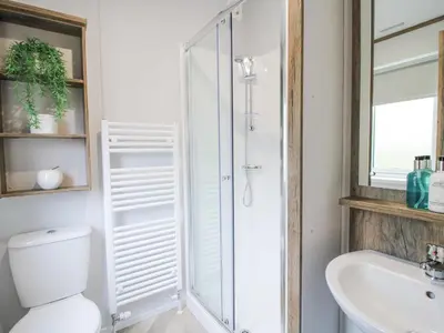 a bathroom with a shower and a toilet and a sink at Peony in Leominster