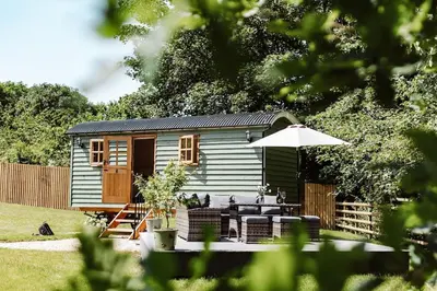 a tiny house in a garden with an umbrella at Shepherd's Hut at Lythwood, Near Shrewsbury in Baystonhill