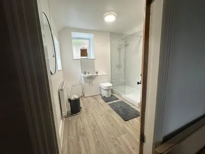a bathroom with a shower and a toilet and a sink at Cil-y-Coed in Dolgellau