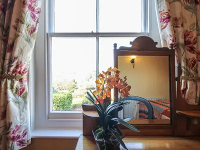 a vase of flowers on a table in front of a window at 10 Upper Linney in Ludlow