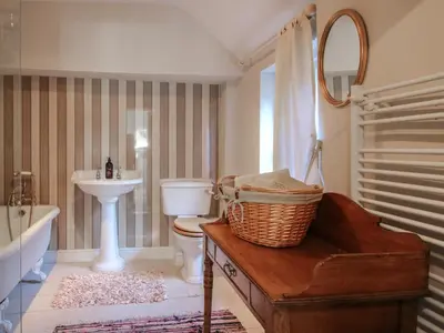 a bathroom with a toilet and a sink and a mirror at 10 Upper Linney in Ludlow
