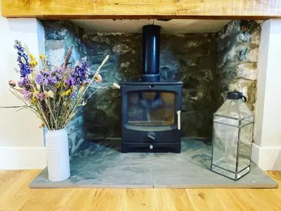 a wood stove with a vase of flowers and a bottle at Gwel y Don 12 Tabenacle Street in Aberaeron